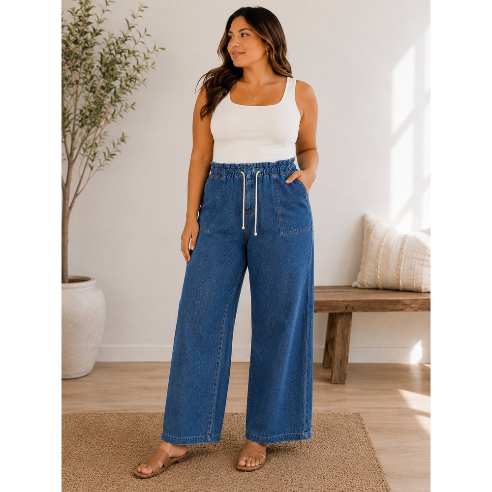 Talulah Liv Wide Leg Denim Pants Medium Wash Elastic Paperbag Waist Cotton